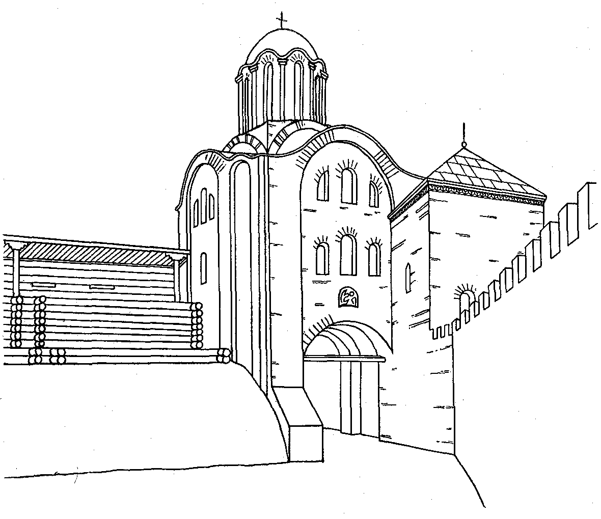 Єпископські ворота в Переяславі. 1089 р. Реконструкція Ю. С. Асеєва, мал. С.I.Кашая