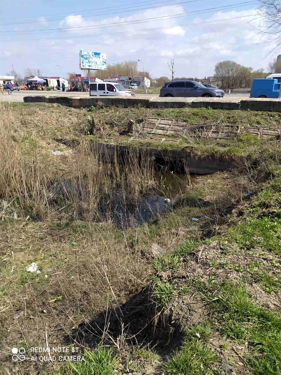 Річка Альта через дорогу від "ставка" на вулиці Шкільна. Квітень 2021 року.  