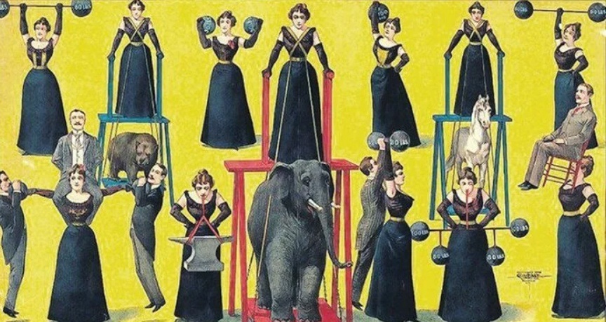 Старовинна циркова афіша із зображенням жіночих силових номерів