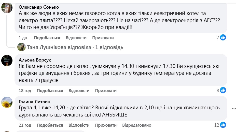 Скріншот коментарів під дописом прогнозованого графіку подачі світла на 13 січня на сторінці Переслав Сіті у facebook