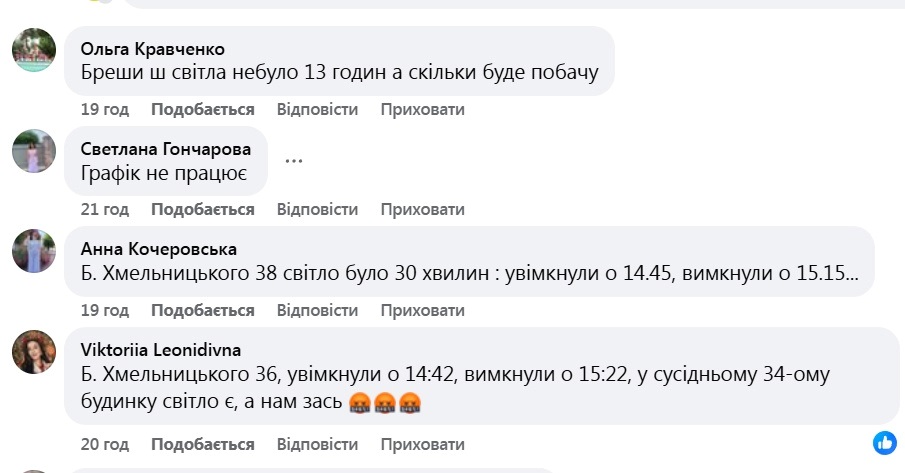 Скріншот коментарів під дописом прогнозованого графіку подачі світла на 13 січня на сторінці Переслав Сіті у facebook